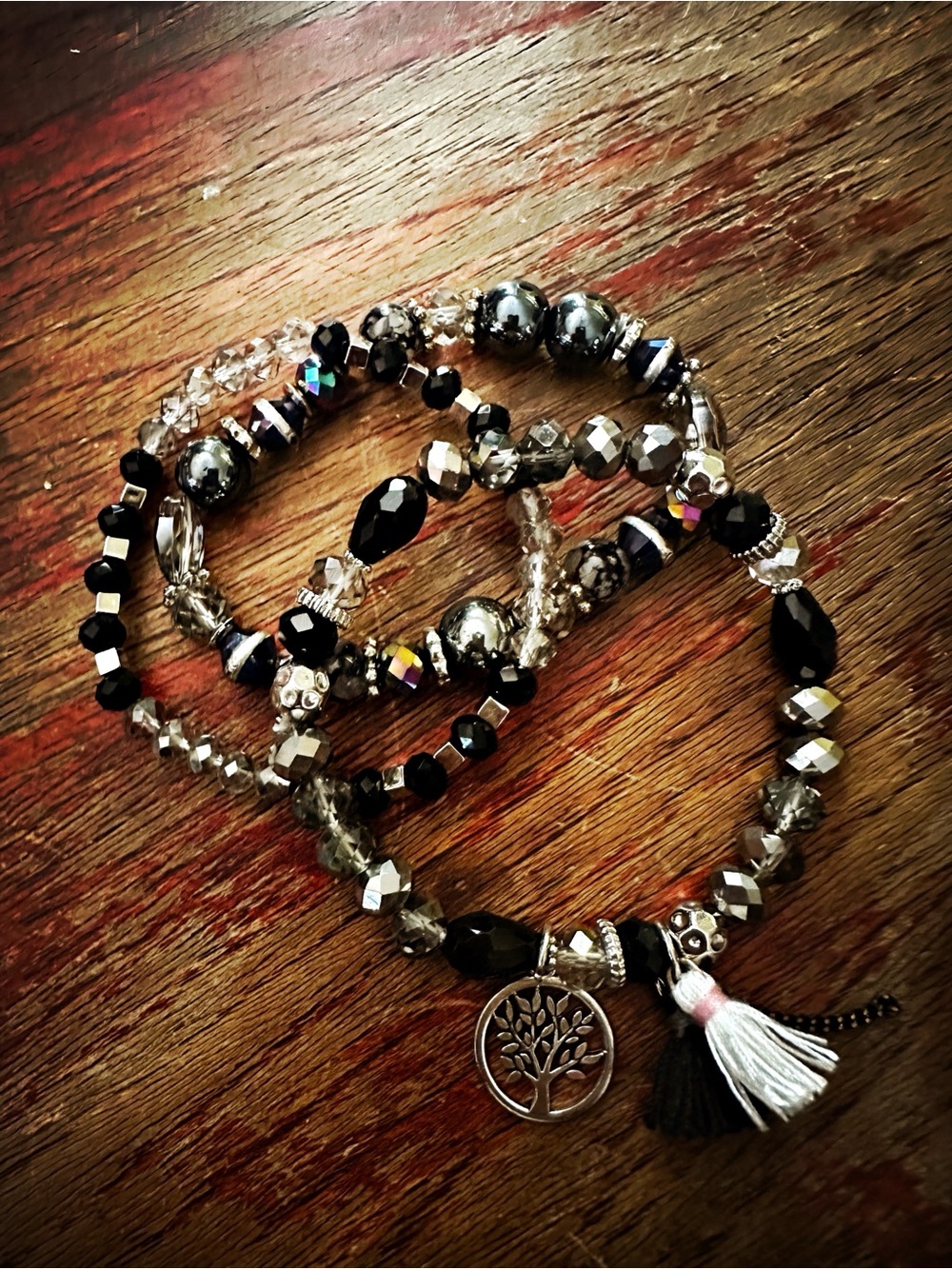 Black Crystal Tree Charm Bracelet Trio